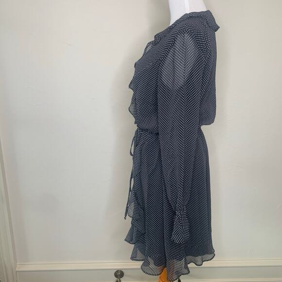 Black White Polka Dot Chiffon Dress Ruffle Long Sleeve Sz 6 - Picture 3 of 13